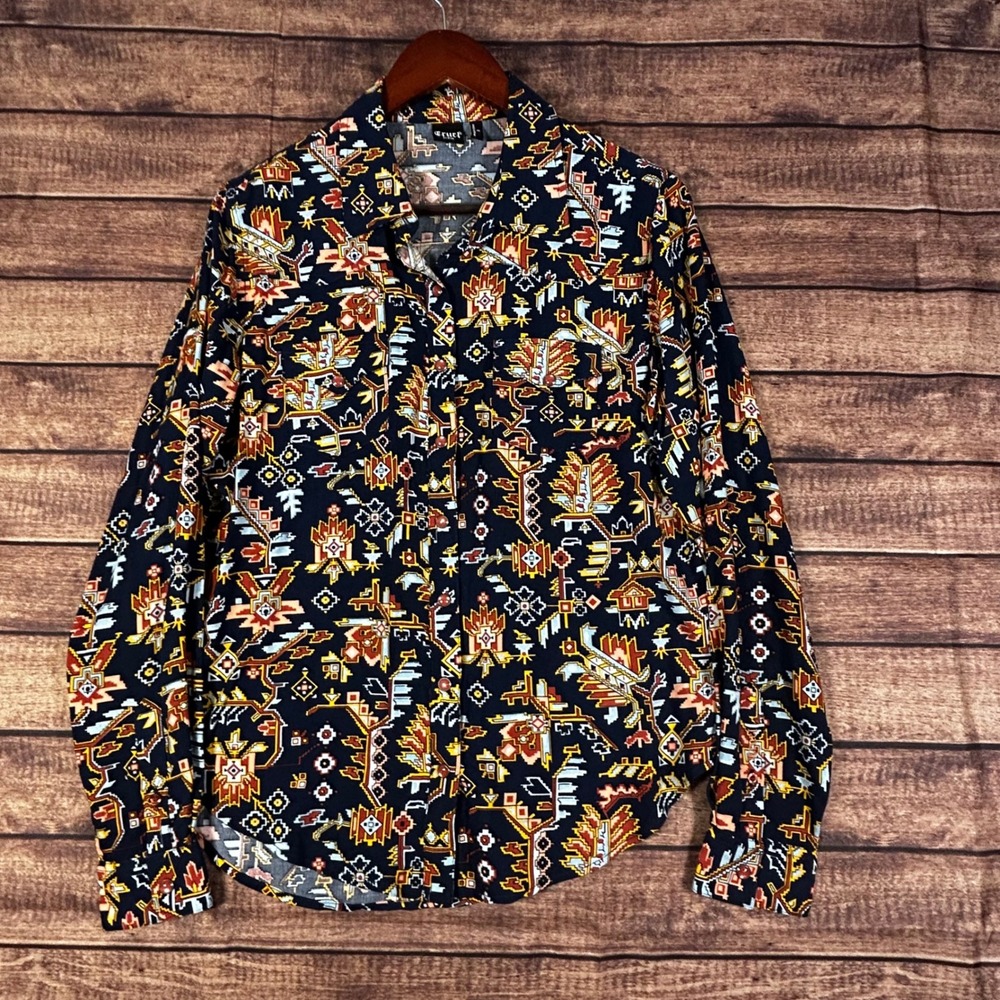 Cruel Denim Womens Navy Aztec Geometric Pearl Snap Western Shirt Cowboy Rodeo M‎